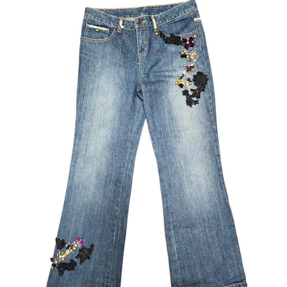 Moiselle Vintage Embellished Flared Jeans with Floral Beading - Approx. Size 32